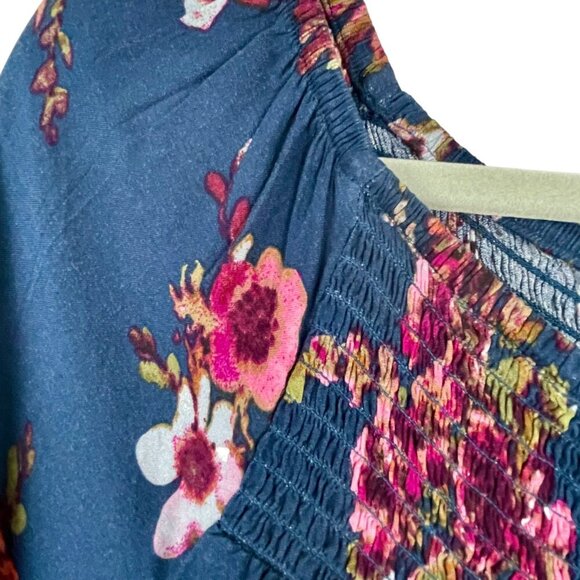 Terra & Sky Flutter Sleeve Blue Floral Blouse Sz 14W Smocked Neck Dark Romantic - Picture 5 of 15